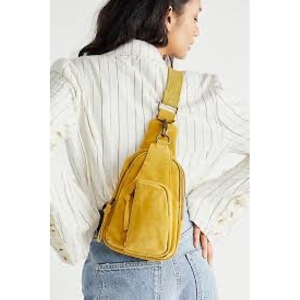 Free People Hudson Sling Bag Mustard Yellow Suede Adjustable Canvas Strap